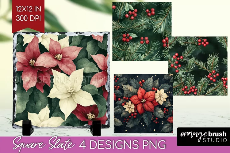 Poinsettia Slate PNG - Christmas Square Slate Sublimation