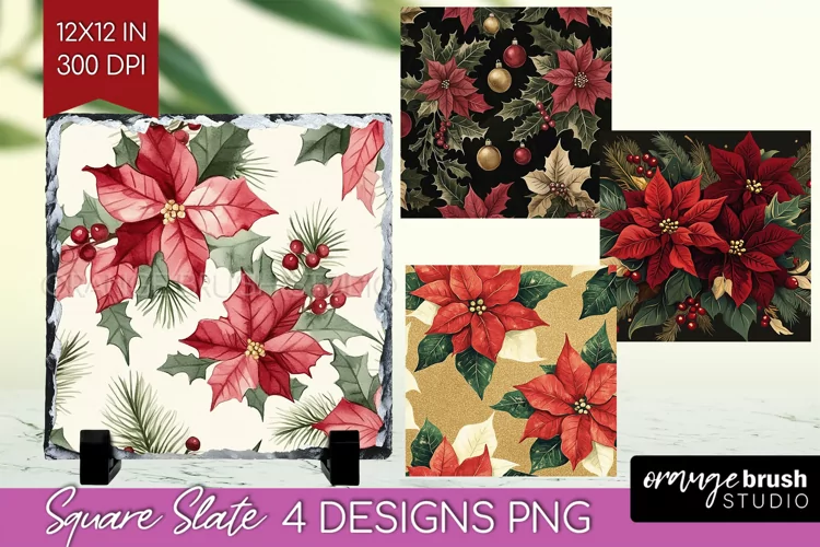Poinsettia Slate PNG - Christmas Square Slate Sublimation
