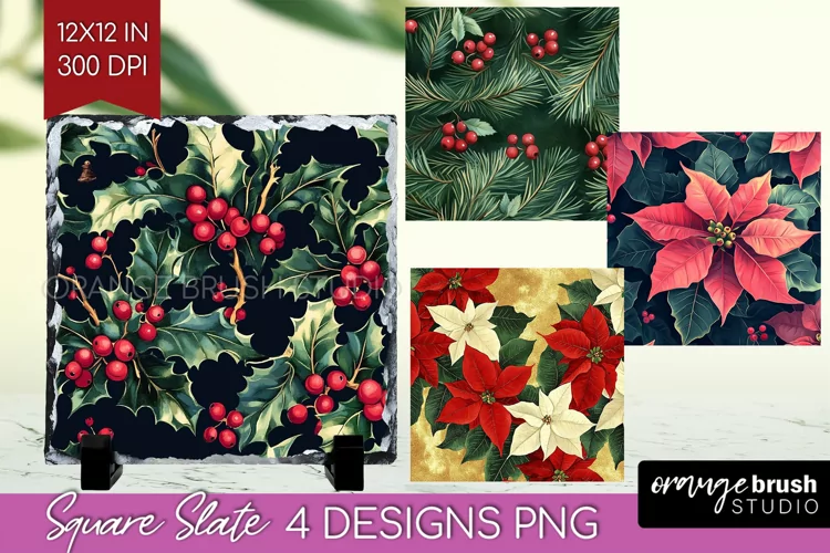 Poinsettia Slate PNG - Christmas Square Slate Sublimation