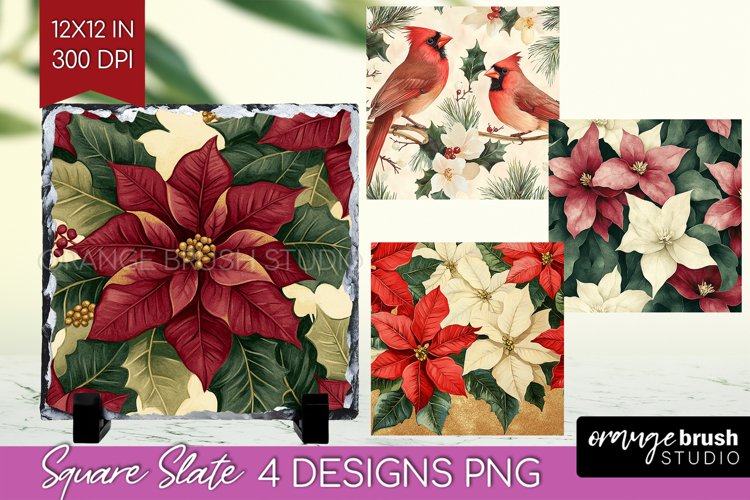 Poinsettia Slate PNG - Christmas Square Slate Sublimation example image 1