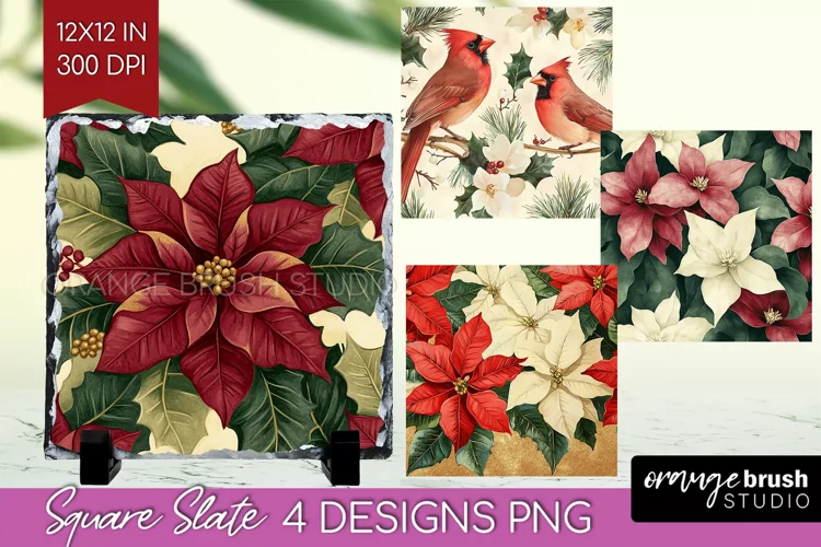 Poinsettia Slate PNG - Christmas Square Slate Sublimation