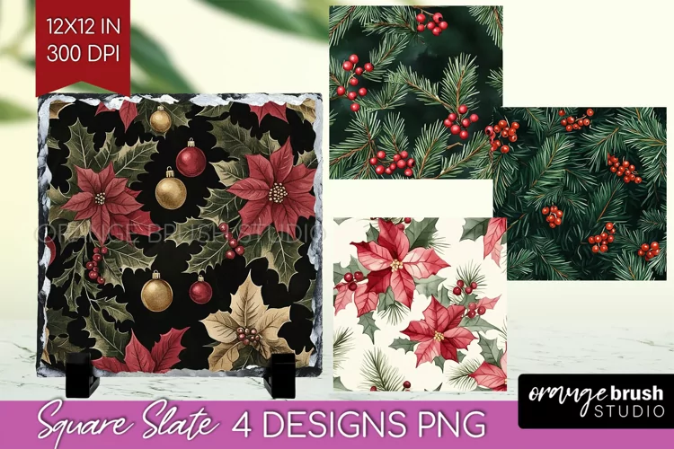 Poinsettia Slate PNG - Christmas Square Slate Sublimation