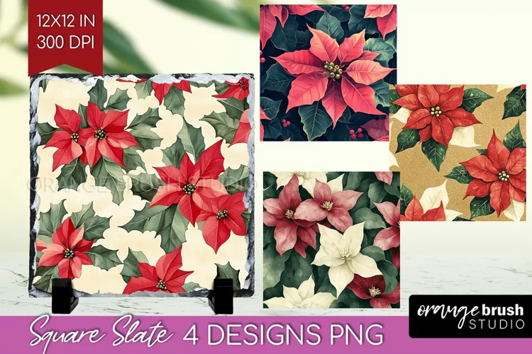 Poinsettia Slate PNG - Christmas Square Slate Sublimation