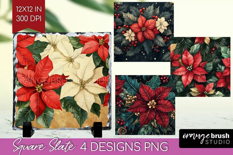 Poinsettia Slate PNG - Christmas Square Slate Sublimation
