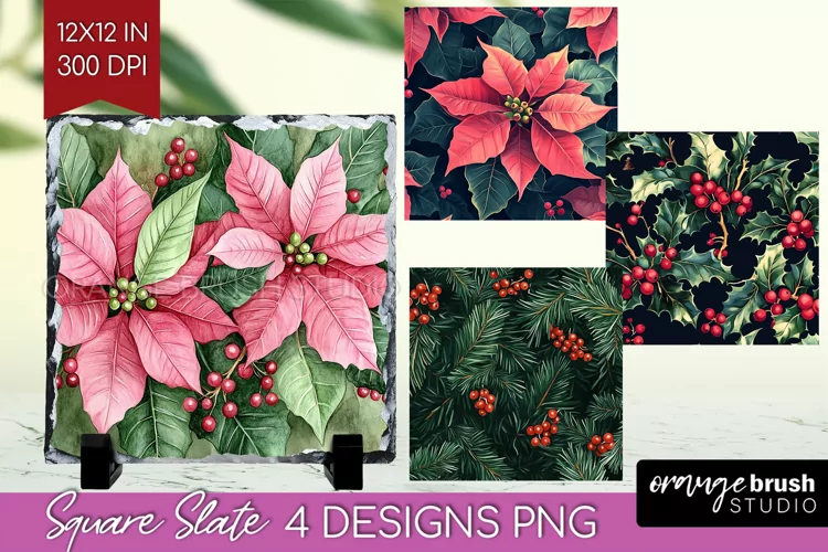 Poinsettia Slate PNG - Christmas Square Slate Sublimation