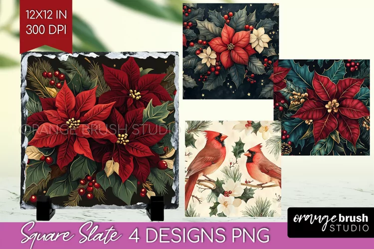 Poinsettia Slate PNG - Christmas Square Slate Sublimation