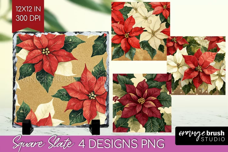 Poinsettia Slate PNG - Christmas Square Slate Sublimation