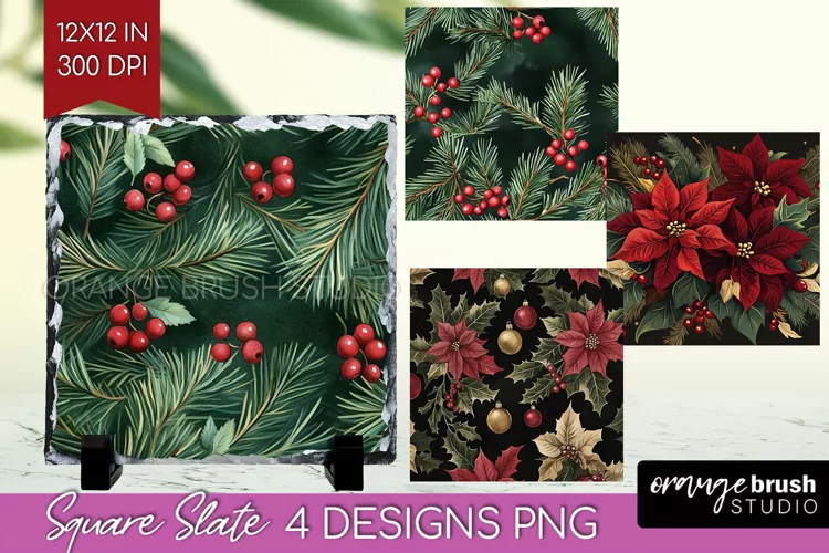 Poinsettia Slate PNG - Christmas Square Slate Sublimation