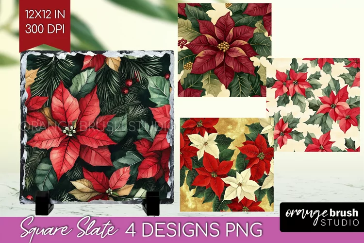 Poinsettia Slate PNG - Christmas Square Slate Sublimation