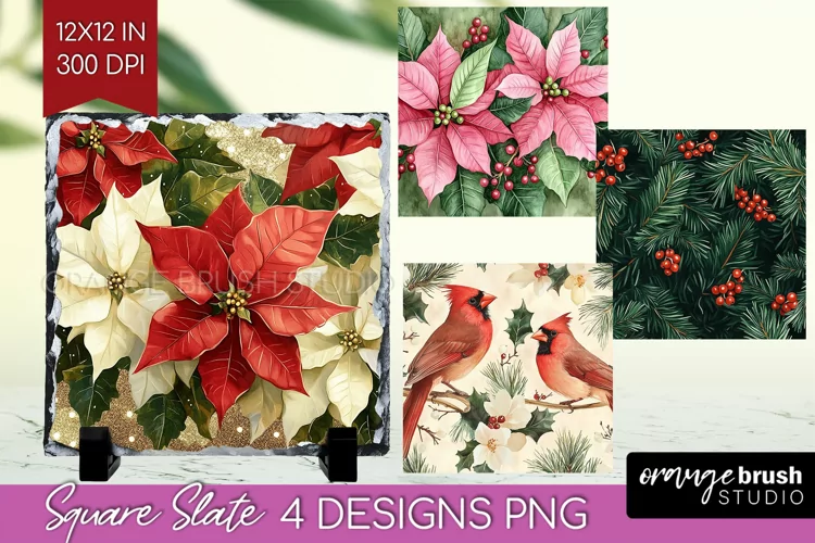 Poinsettia Slate PNG - Christmas Square Slate Sublimation