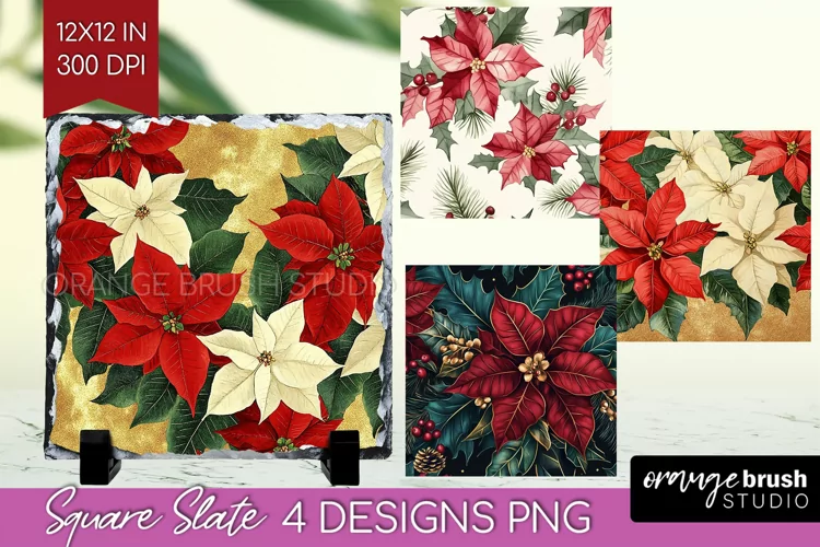 Poinsettia Slate PNG - Christmas Square Slate Sublimation