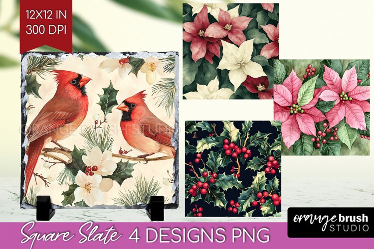 Poinsettia Slate PNG - Christmas Square Slate Sublimation example image 1