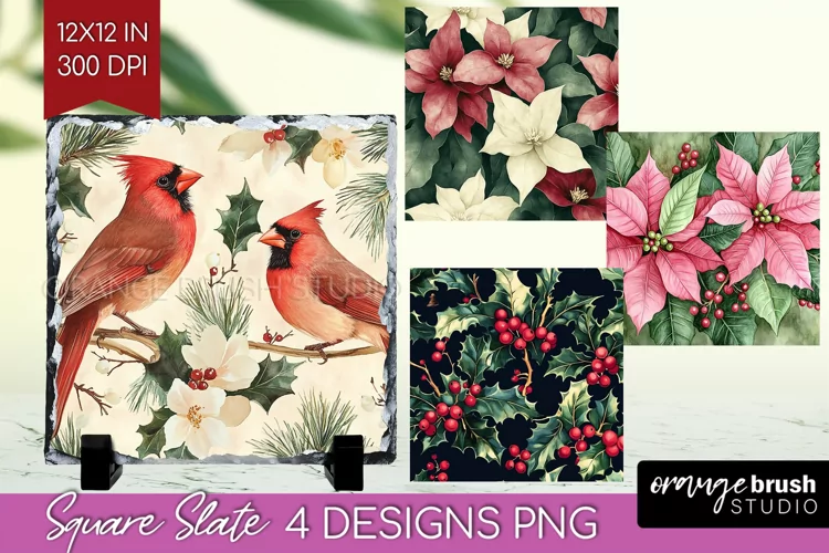 Poinsettia Slate PNG - Christmas Square Slate Sublimation