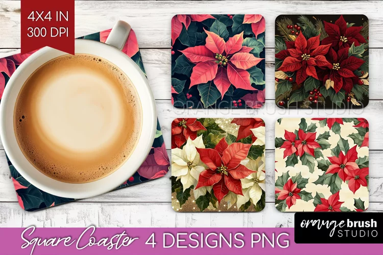 Poinsettia Square Coaster - Christmas Coaster PNG