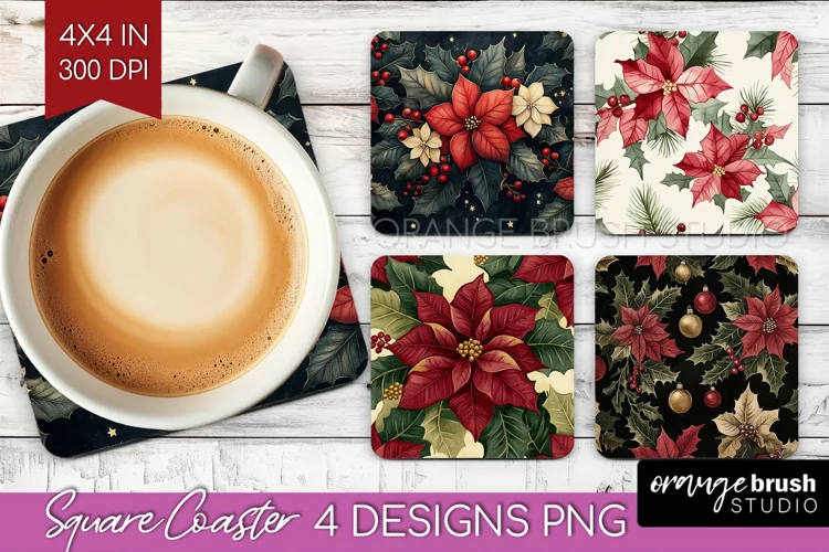 Poinsettia Square Coaster - Christmas Coaster PNG