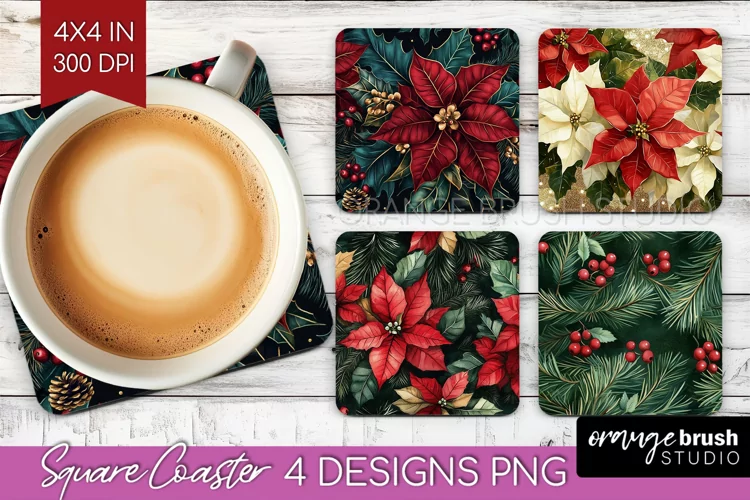 Poinsettia Square Coaster - Christmas Coaster PNG