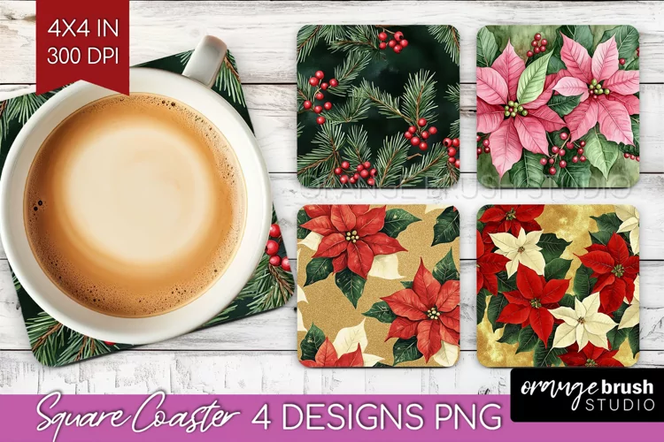 Poinsettia Square Coaster - Christmas Coaster PNG