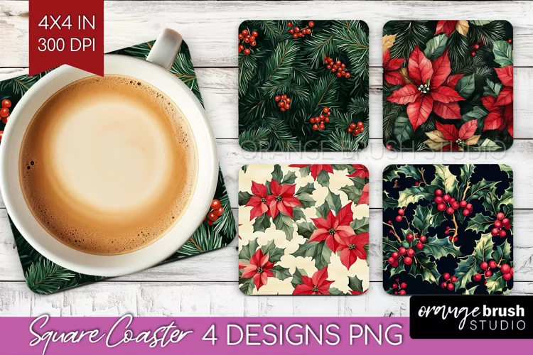 Poinsettia Square Coaster - Christmas Coaster PNG