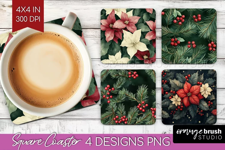 Poinsettia Square Coaster - Christmas Coaster PNG