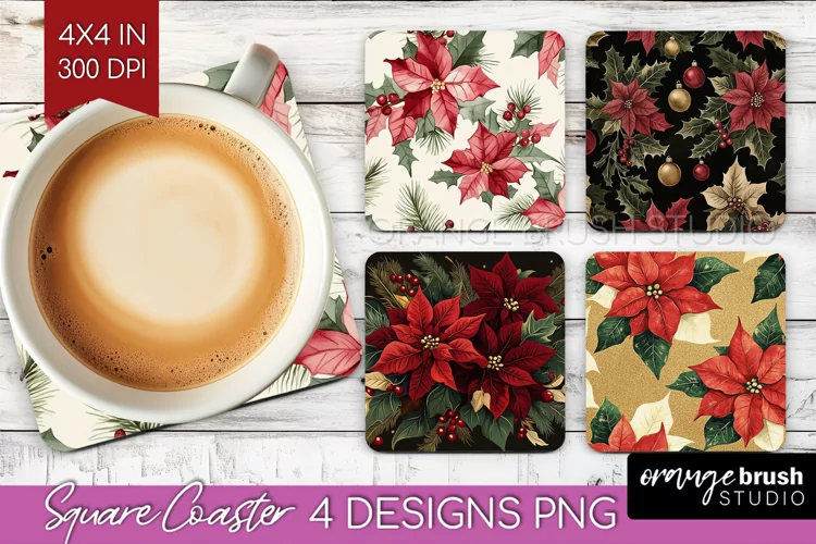Poinsettia Square Coaster - Christmas Coaster PNG