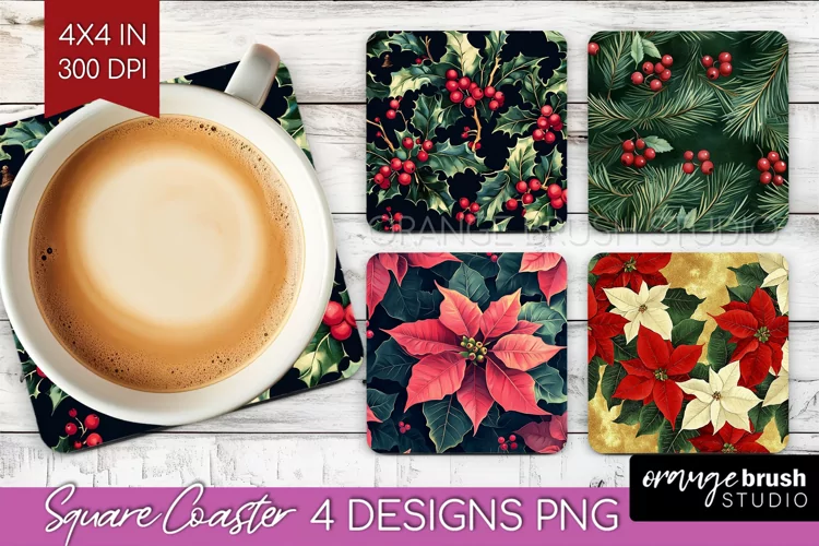 Poinsettia Square Coaster - Christmas Coaster PNG