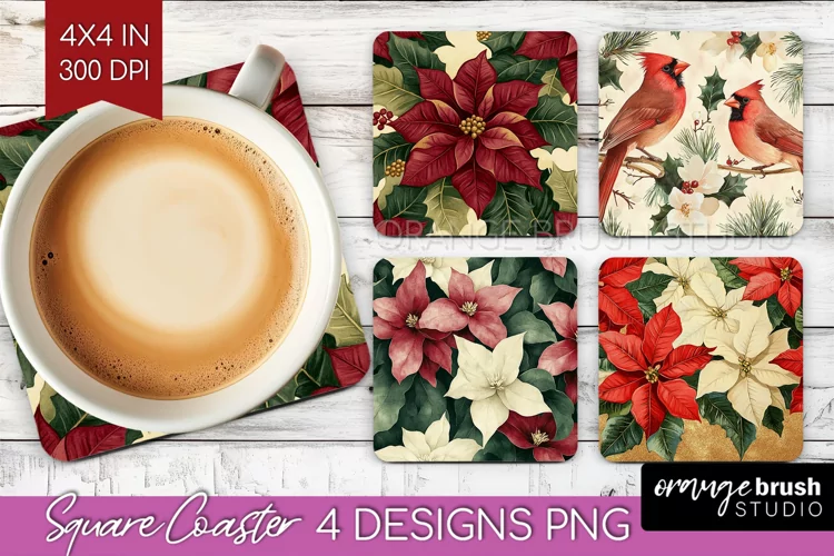 Poinsettia Square Coaster - Christmas Coaster PNG