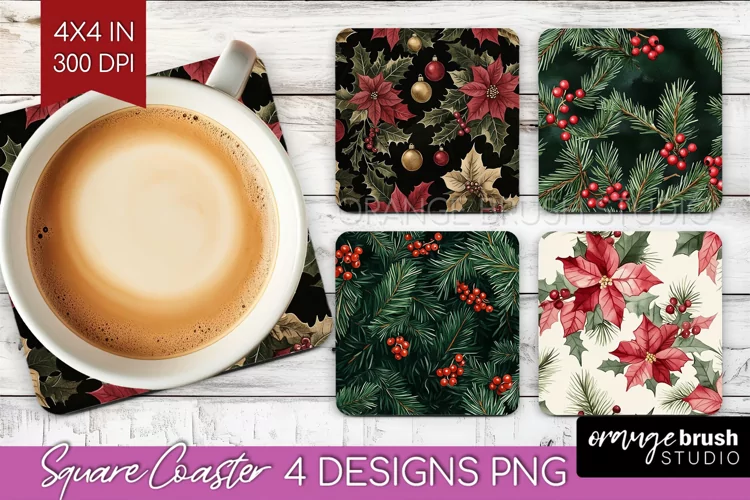 Poinsettia Square Coaster - Christmas Coaster PNG