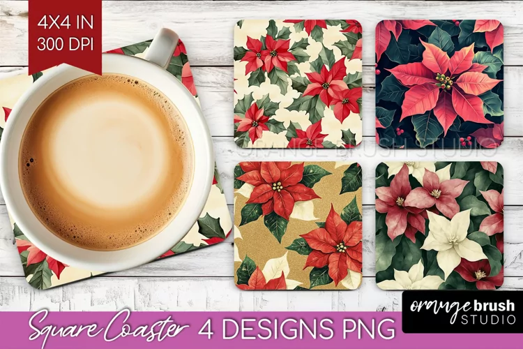 Poinsettia Square Coaster - Christmas Coaster PNG