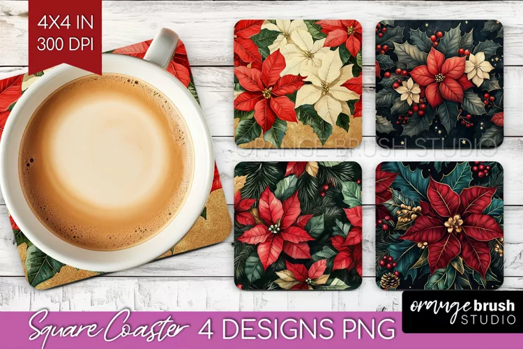 Poinsettia Square Coaster - Christmas Coaster PNG