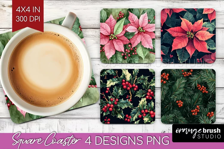 Poinsettia Square Coaster - Christmas Coaster PNG