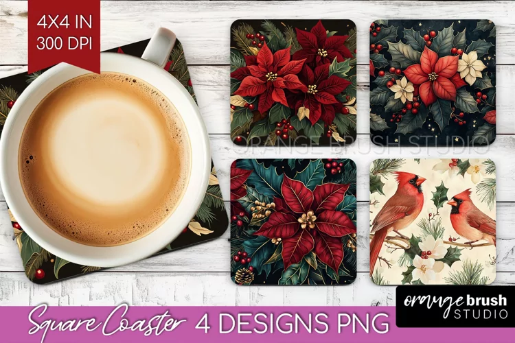 Poinsettia Square Coaster - Christmas Coaster PNG