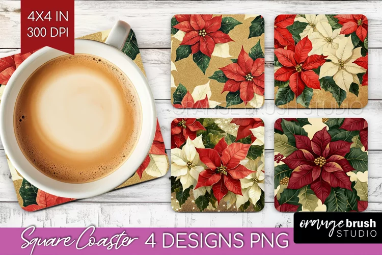 Poinsettia Square Coaster - Christmas Coaster PNG