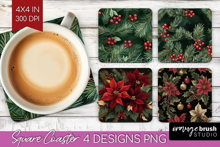 Poinsettia Square Coaster - Christmas Coaster PNG
