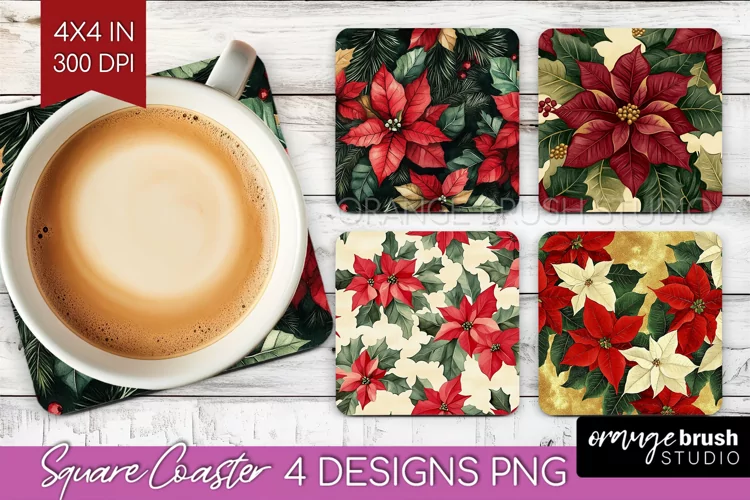 Poinsettia Square Coaster - Christmas Coaster PNG