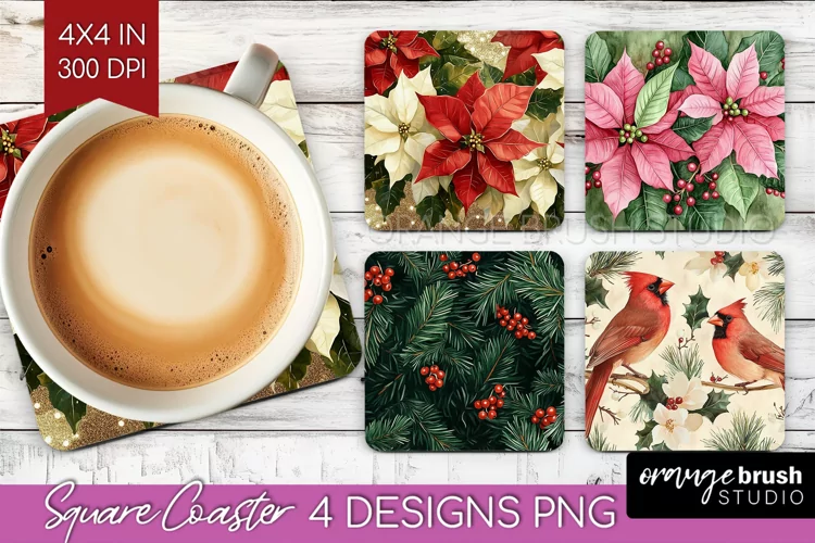 Poinsettia Square Coaster - Christmas Coaster PNG