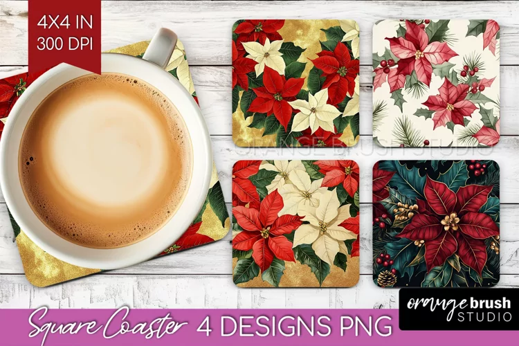 Poinsettia Square Coaster - Christmas Coaster PNG