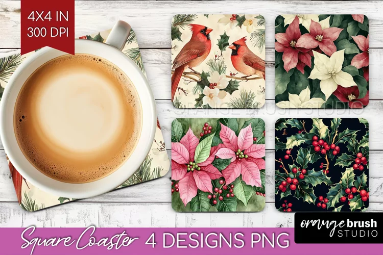 Poinsettia Square Coaster - Christmas Coaster PNG