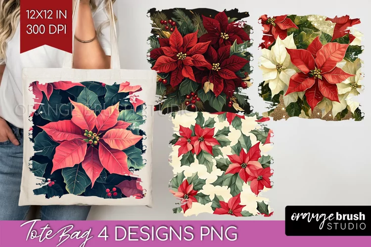 Poinsettia Tote Bag - Christmas Tote Bag PNG Sublimation
