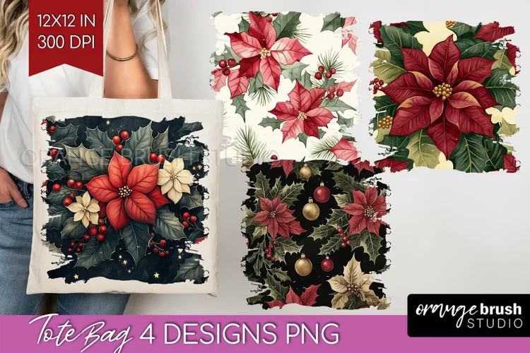 Poinsettia Tote Bag - Christmas Tote Bag PNG Sublimation