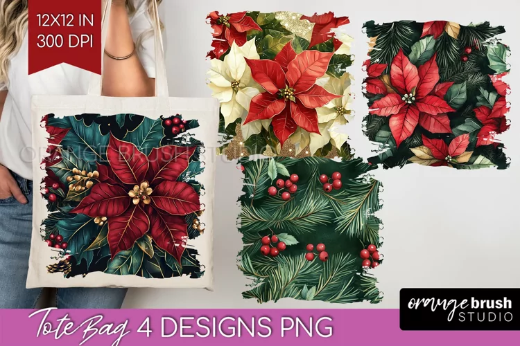 Poinsettia Tote Bag - Christmas Tote Bag PNG Sublimation