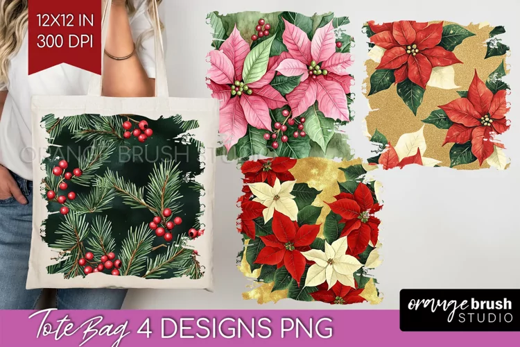 Poinsettia Tote Bag - Christmas Tote Bag PNG Sublimation