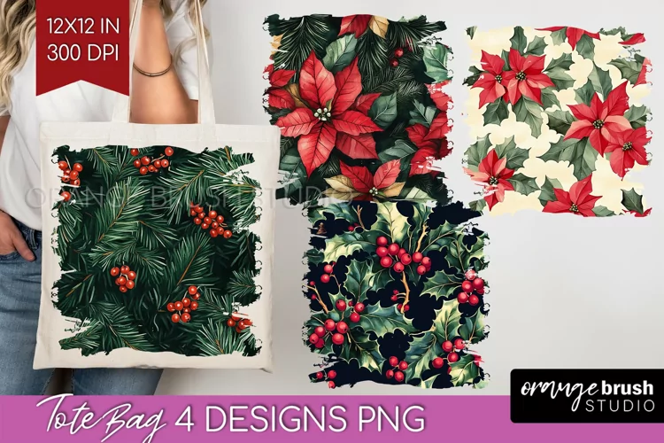 Poinsettia Tote Bag - Christmas Tote Bag PNG Sublimation