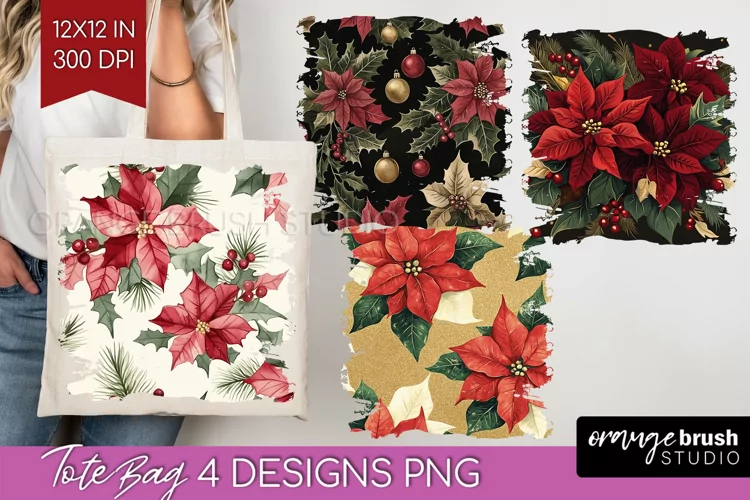 Poinsettia Tote Bag - Christmas Tote Bag PNG Sublimation