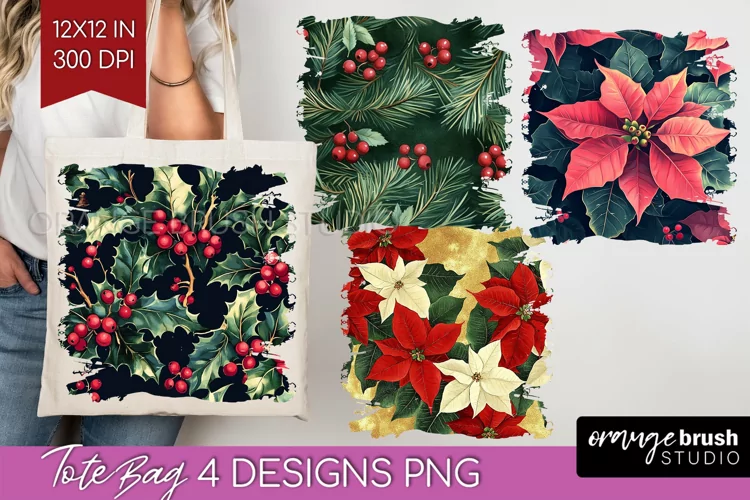 Poinsettia Tote Bag - Christmas Tote Bag PNG Sublimation