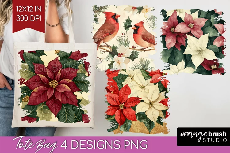 Poinsettia Tote Bag - Christmas Tote Bag PNG Sublimation