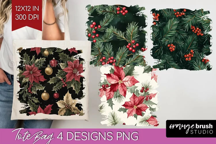Poinsettia Tote Bag - Christmas Tote Bag PNG Sublimation
