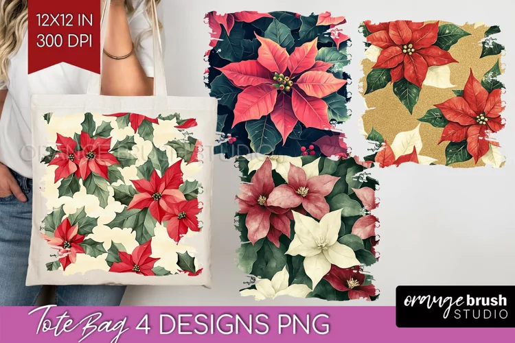 Poinsettia Tote Bag - Christmas Tote Bag PNG Sublimation
