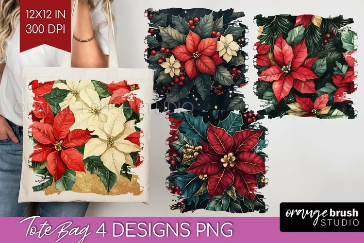 Poinsettia Tote Bag - Christmas Tote Bag PNG Sublimation