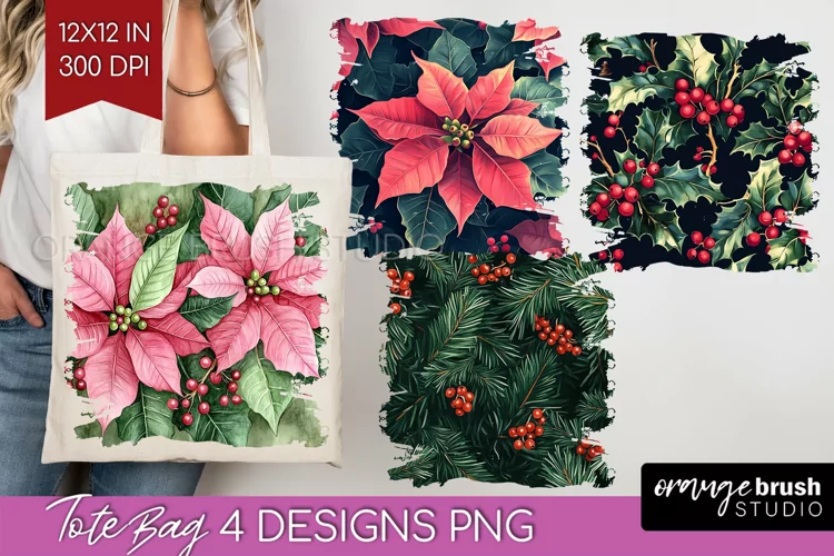 Poinsettia Tote Bag - Christmas Tote Bag PNG Sublimation