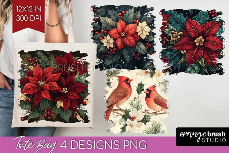Poinsettia Tote Bag - Christmas Tote Bag PNG Sublimation